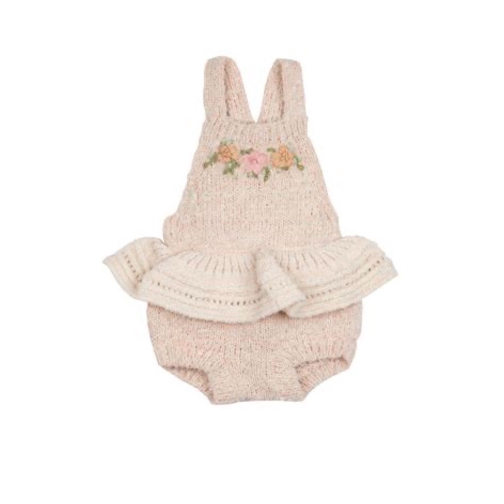 Girls Cream Knit Ruffle One-Piece Romper with Floral Embroidery